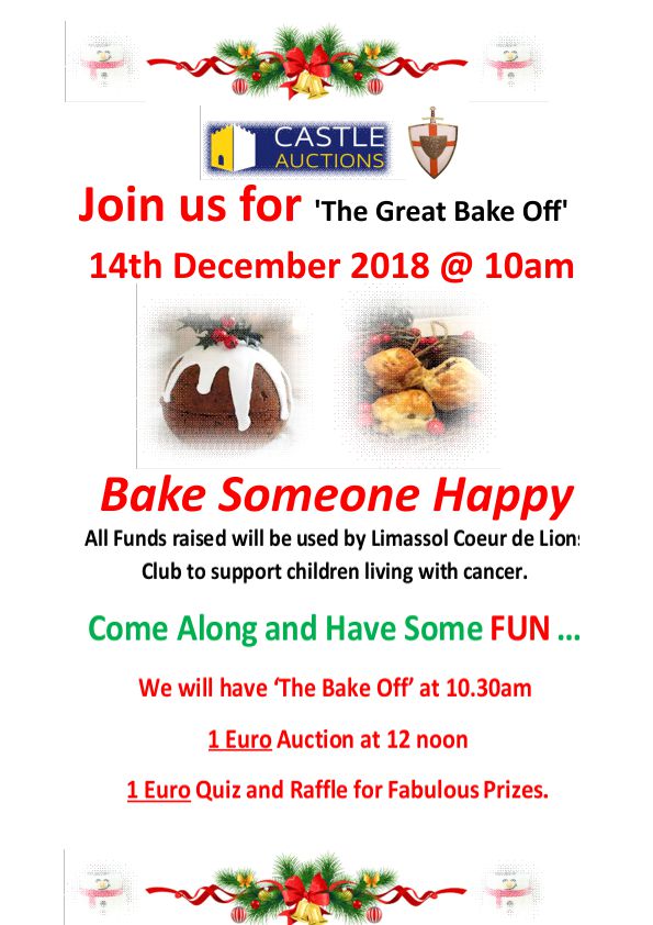 December, 14th (Friday) ‘ The Great Bake Off at 10.30am and Charity Auction at 12 Noon – Limassol Saleroom
